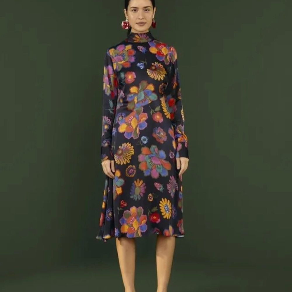 Farm Rio Midi Dress Fitted Long Slev Collar Lilys Garden Cut Out Back